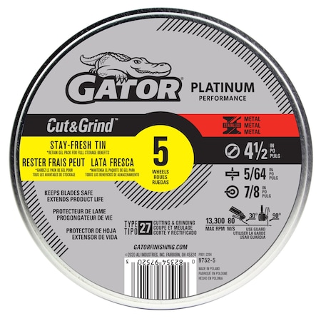 Gator Finishing Platinum Performance Cut&Grind Type 27 Metal Cut-Off Wheels, 4.5" x 5/64" x 7/8" 97525